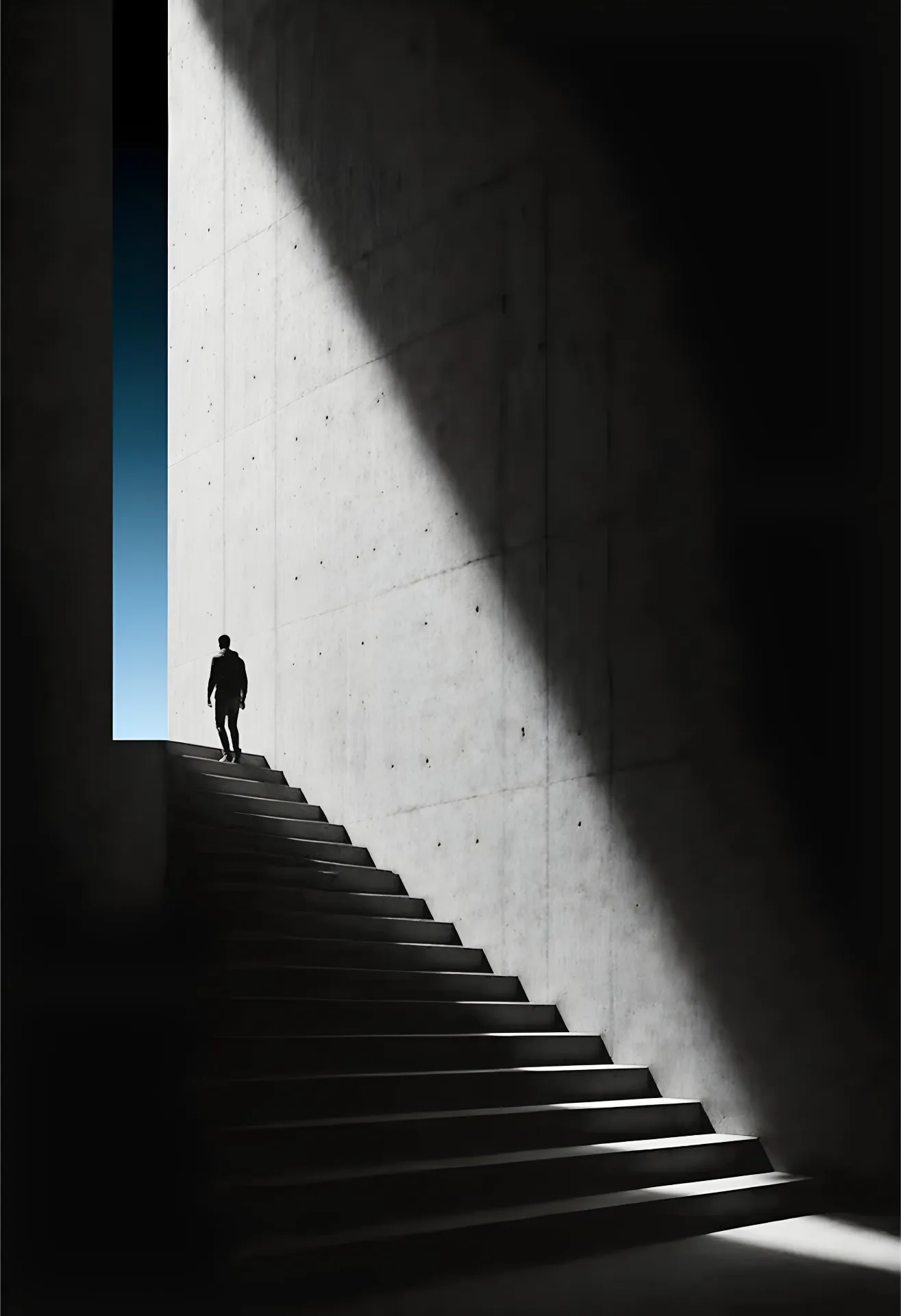 Person ascending a lit staircase